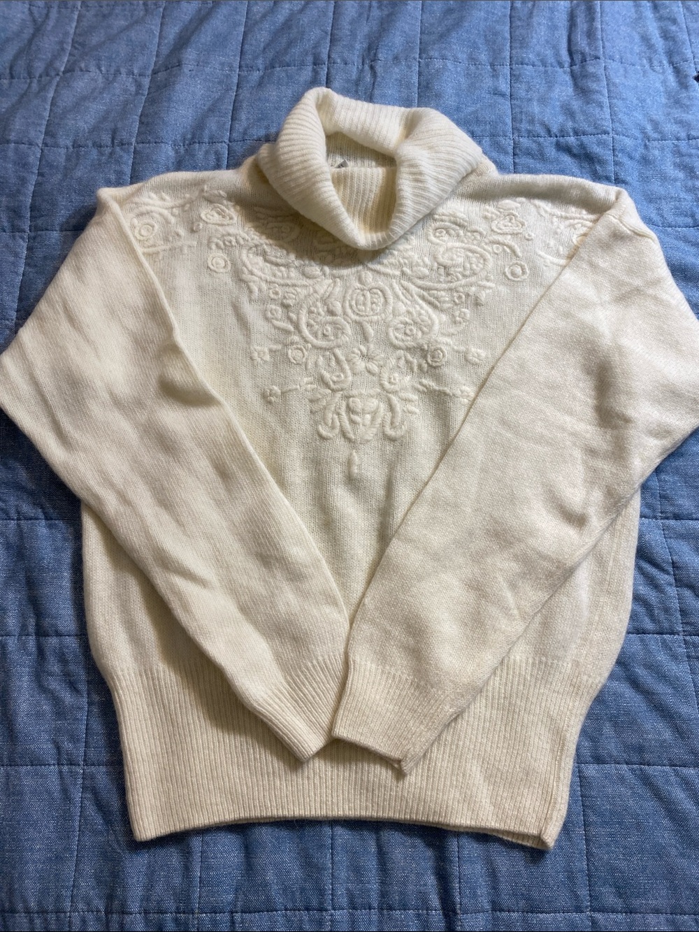 Together Cream Loose Turtle Neck Sweater with Embroidered Front